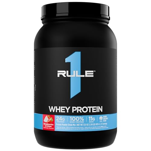Image of Rule1 1 R1 Whey Blend, Strawberries & Creme - 1.96 lbs Powder - 24g Whey Concentrates, Isolates & Hydrolysates with Naturally Occurring EAAs & BCAAs - 27 Servings