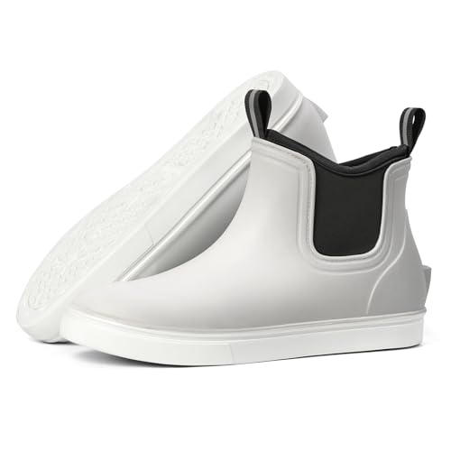 Furuian Womens Deck Boots Ankle Rain Boots Fishing Boots Rubber Waterproof Garden Shoes Slip-Resistant Outdoor Work Shoes, White, Size 7.5