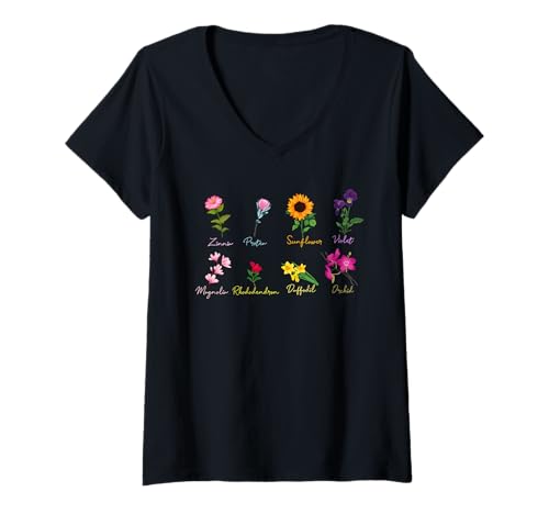 Femme Tableau botanique des Fleurs d'inspiration Vintage T-Shirt avec Col en V