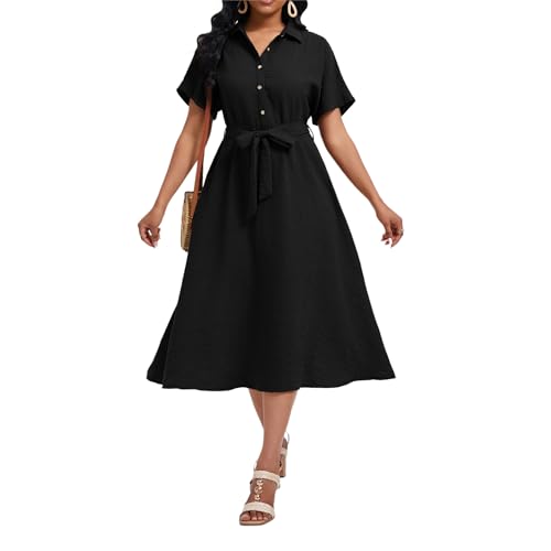 Women's Summer Casual Button Down V Neck Short Sleeve Smocked High Waist A-Line Elegant Belted Midi Dress