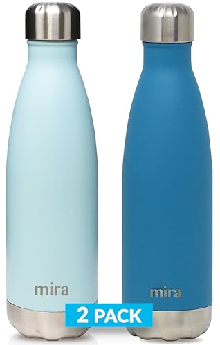 MIRA Brands MIRA 2 Pack 17 Oz Cola Shaped Insulated Stainless Steel Water Bottle - Double Walled Vacuum Insulated Thermos Flask - Metal Sports Bottle - Pearl Blue & Hawaiian Blue