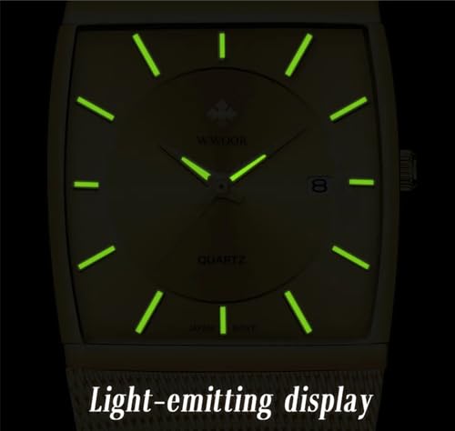 Gosasa Men Watch Classic Analog Quartz Date Stainless Steel Milanese Mesh Band Ultra-Thin Rectangle Dial Luminous