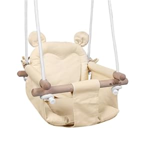 TULANO Hop 30 Biege | Bär Babyschaukel Kinderschaukel Kleinkindschaukel Kindergartenschaukel Set | Indoor Outdoor | Sicherheitsgurt | Tragfähigkeit bis 60kg | von 6 bis 36 Monaten | aus Holz | Beige