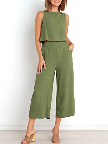 Image of ANRABESS Women's Summer 2 Piece Outfits Sleeveless Tank Crop Button Back Top Cropped Wide Leg Pants Set Pockets