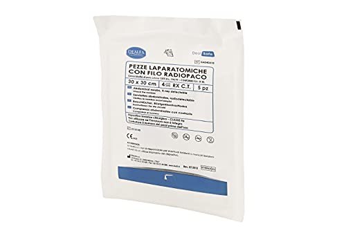 DEALFA Parches laparatómicos de gasa estéril – de 4 capas con RX – Color blanco – Doble sobre estéril de 5 unidades en paquete de 5 sobres (30 x 30 cm)