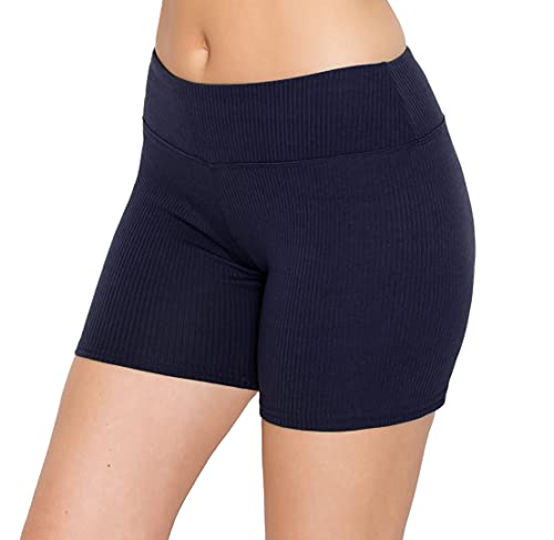 Image of ALWAYS Women's Ribbed Biker Shorts, High Waisted Tummy Control Workout Shorts, 5 inch Inseam, Navy L