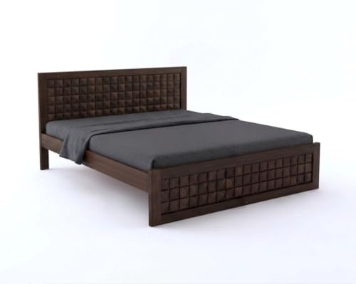 Image of Solid Sheesham Wood Queen Size Bed Without Storage|Wooden Box Queen Size Double Cot Bed Without Storage Box for Home,Bedroom,Living Room|Diamond Carved Design Headboard|Walnut Finish