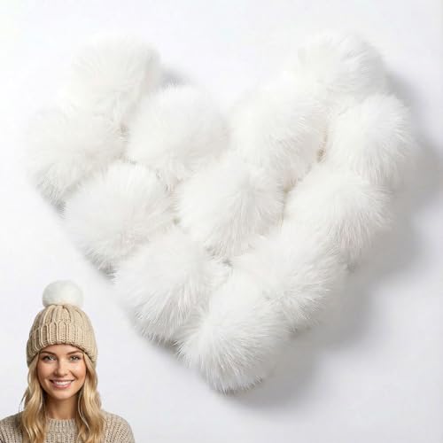 12 PCS Fluffy Pom Poms Crochet Accessories Removable Fox Faux Fur Pom Poms Balls with Snap Button for Hats Shoes Keychains Scarves Gloves Knitting Hat Pompoms Crafts Supplies 7 cm(White)