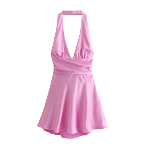Sommerliches Neckholder-Kleid aus Satin für Damen - Rosa - L