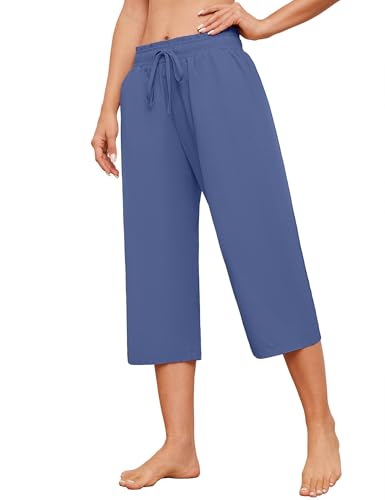 Womens Capri Pants Loose Wide Leg Drawstring Elastic Waist Casual Lounge Cropped Pants with Pockets