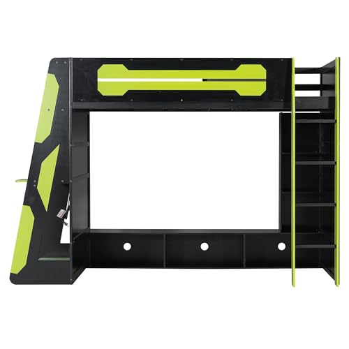 Image of Harper & Bright Designs Twin Size Wood Loft Bed with Desk and Multi-Storage Shelves, Wooden Gaming Loft Bed Frame with RGB Light, Space-Saving Bed with Safety Guardrail, Green