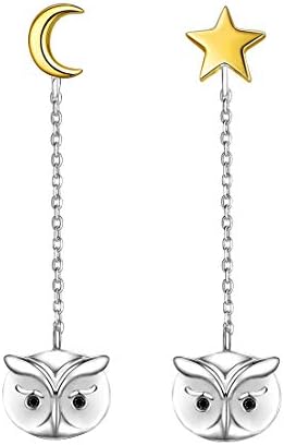 Women Chic Dangle Earrings Sterling Silver & 18K Gold Crescent Moon Star Animal Owl Drop Earrings
