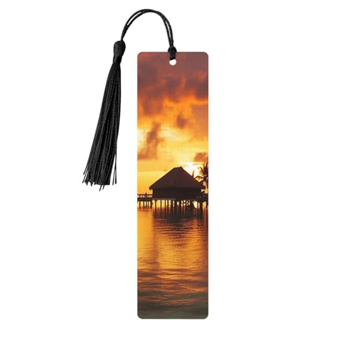 タッセル付き木製しおり 5個 ヴィンテージ 木製 しおり タヒチ リゾート サンセット ピールファンシー ハンドメイド クラフト ブックマーク 読書用ページマーカー 木製ハンギングタグ オーナメント 本好き向け