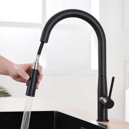 Auralum Wasserhahn Küche Schwarz, Hochdruck Küchenarmatur mit Brause Ausziehbar, Schwarz Armatur Küche Edelstahl Mischbatterie Küche mit Hoher Auslauf