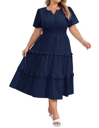 Image of Hanna Nikole Women's Plus Size Summer Casual Dress 2025 V Neck Empire Waist Tiered Flowy Beach Vacation Dress with Pockets