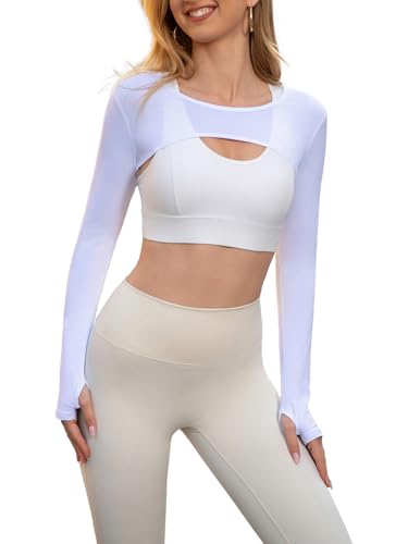 Image of Women Long Sleeve Crop Top Bolero Thumbhole Workout Cropped Shirts Sports Shrug