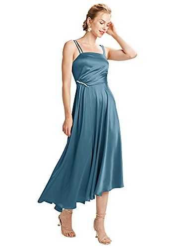 ALICEPUB Asymmetric Ink Blue Bridesmaid Dresses with Slit for Women Satin Pleated Formal Gowns and Evening Dresses,Custom Size