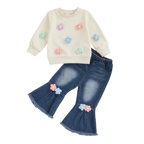 Image of BULINGNA Toddler Baby Girl Clothes Spring Outfit Baby Girl Outfit Floral Crewneck Sweatshirt Bell Bottom Jeans Pants Set