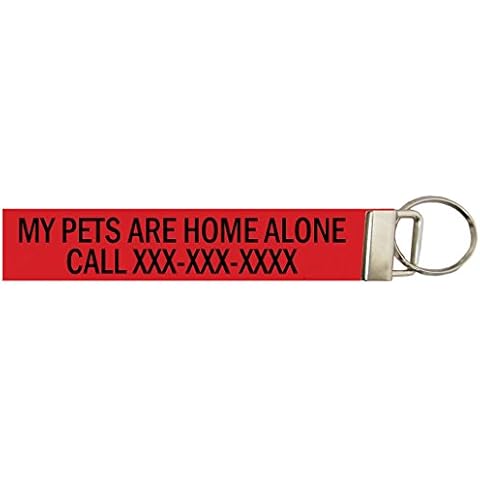 Northern Safari Custom 5 Inch Emergency Keychain Name Tag for Your Pet, over 50 Camo/Solid Fabrics. Red, My Pets Are Home Alone. Cover