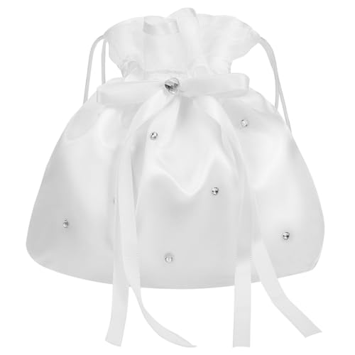 Veemoon Weiß Satin Brautbeutel,Blumenmädchen Dolly Tasche Drawschnellzug Clutch Bag für Hochzeit Bankett Tanz Brautjungfern Accessoires