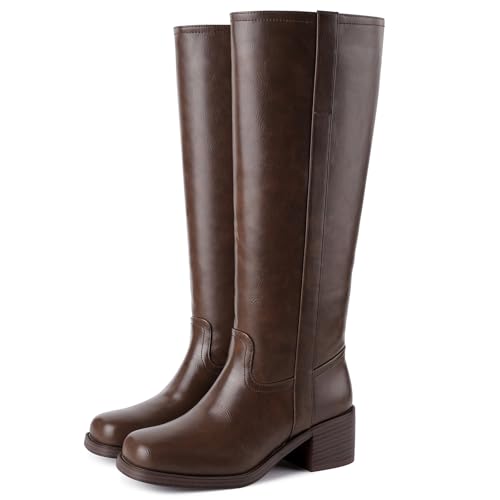 Image of Gothictor Women's Banana Knee High Boots Square Toe Chunky Block Heel Comfortable Low Heel Pull on Wide Calf Riding Long Boots for Women