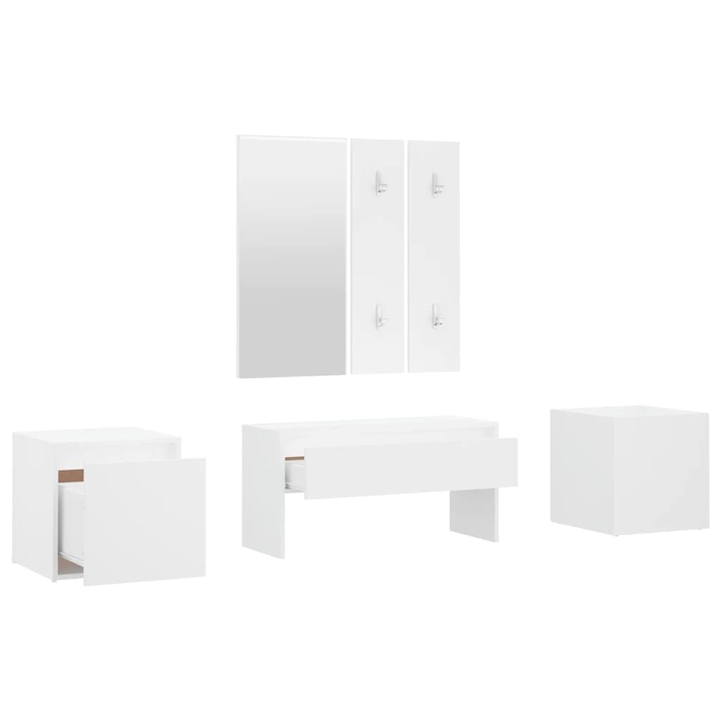 Juego de perchero de madera con espejo, color blanco | Banco de pasillo con cajón, caja de almacenamiento, jardinera, asiento hasta 110 kg