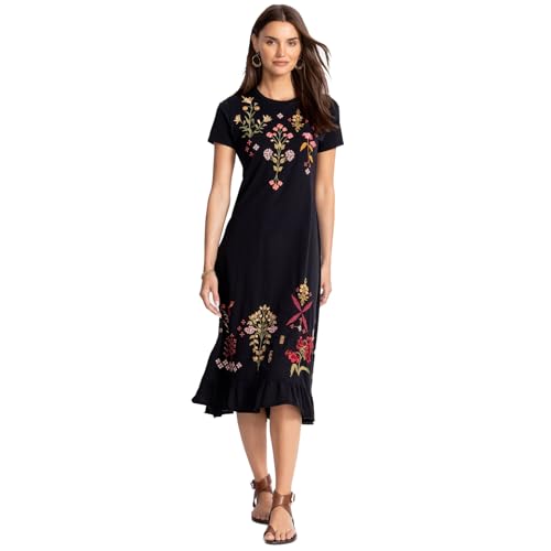 Johnny Was Malaya Short Sleeve Ruffle Hem Dress Cotton Floral Embroidery Black New