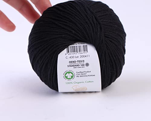 3 Ball (Pack) Gazzal Organic Baby Cotton Yarn, Total 5.28 Oz.100% Organic Cotton, Each 1.76 Oz (50G) / 125 Yrds (115 M), 3 Light Dk, Global Organic Textile Standard Certified (Black - 430, 3 Pack) #TOP1