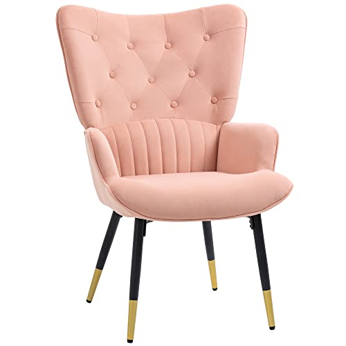 HOMCOM Poltrona Poltrona individuale Poltrona letto Imbottita in velluto con schienale alto Braccioli e gambe in acciaio Stile moderno 68x72x103 cm Rosa