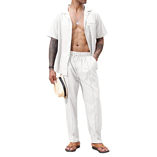 Lexiart 2 Piece Set for Men Beach Outfits Cuban Collar Button Down Shirt Darwstring Pants
