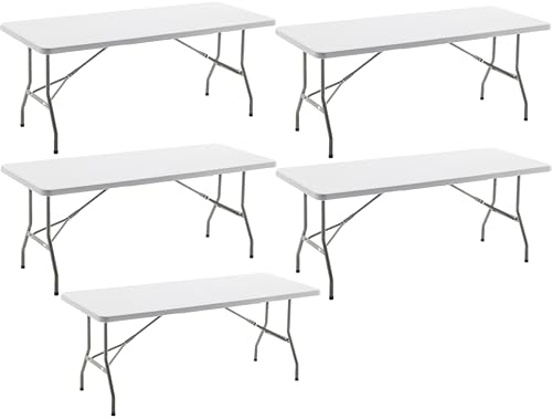 Image of BTEXPERT Set of 5, Event Folding Utility Table 6 Foot 72 inchx 29.5 inch Heavy Duty Portable Indoor Outdoor Picnic Camping Office Home Party Wedding Tailgating White