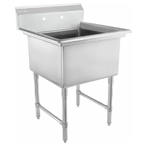 Image of Empura 29 inch Wide Stainless Steel One Compartment Commercial Sink | Prep Utility 24 inch x 24 inch Bowl for Restaurant Laundry Hotel | 3.5 inch Drain Basket, 9.75 inch Backsplash, 29 inchW x 29.5 inchD x 44.25 inchH, 16 Gauge, NSF