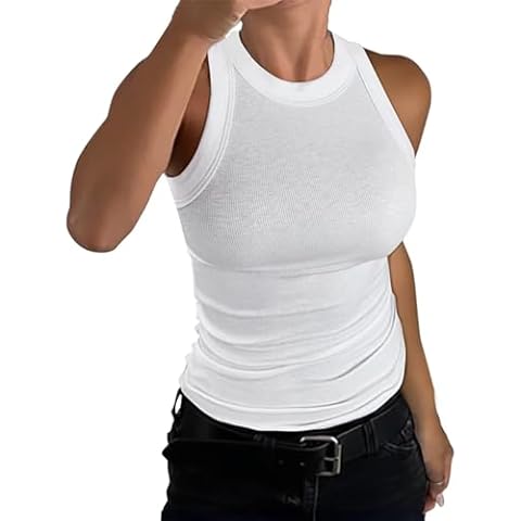 Women's Crewneck Racerback Ribbed Tank Tops Summer Basic High Neck Sleeveless Slim Fit Crop Tops 2024 Cover