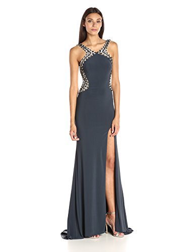 JVN by Jovani Women's Open Back Jersey Prom Gown, Charcoal, 4