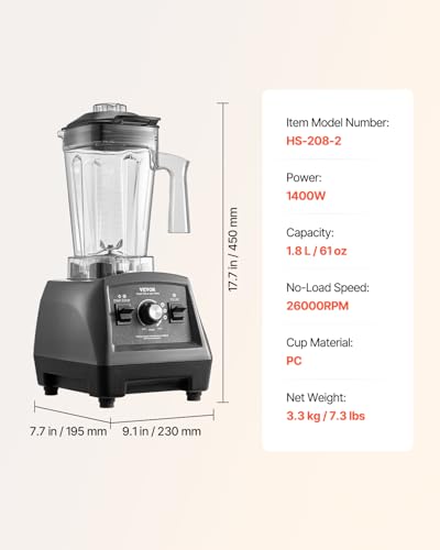 Image of VEVOR Blender for Smoothies, 61 oz 1400W, Professional Blender with Powerful Motor, Multi-Functional Food Processing for Smoothie /Milkshake /Juice, Fits for Kitchen