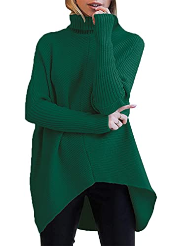 Image of ANRABESS Women's Turtle Neck Long Bat Wing Sleeve Asymmetric High Low Hem Extra Soft Sweater Fall Jumper Pullover A87molv-XS Green