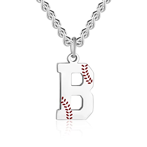 AIAINAGI Baseball Initial A-Z Letter Necklace - Men's Baseball Charm Pendant in Stainless Steel Silver Chain, 22inch Personalized Gift