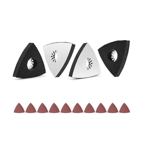 Wjelet 4 Stück Dreieck Schleifteller, Fein Schleifplatte, 80mm Multitool Schleifplatte mit 10 Dreieckschleifer Schleifpapie für Holz, Metall, Hartplastik, Putz, Schleifen, Entrosten