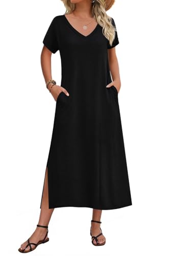 Zeagoo Casual Maxi Dress Side Split Dress Summer Short Sleeve Dress for Women Aline Flowy Tshirt Dress Floral Beach Sundress V Neck Long Dress Vocation Dress Black