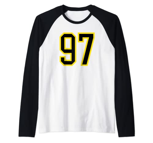 Número de camiseta #97 de cumpleaños amarillo y negro número de deportes 97 Camiseta Manga Raglan