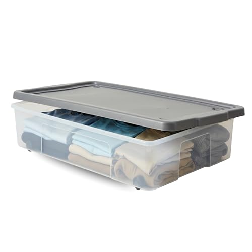 SIDSONS 47L Underbed Storage Box With Lid - Set of 1 Under Bed Space Saver With Wheels - Portable Clothes Organizer - Large Transparent Container - Nestable & Stackable Multipurpose Flat Clear Boxes