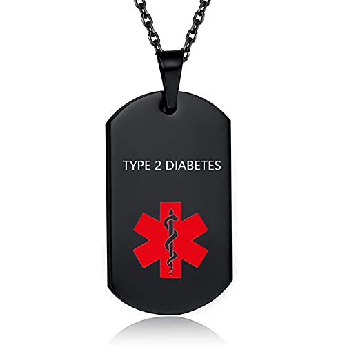 GMXLin TYPE2 DIABETES Medical Alert Necklace for Men Women Black Stainless Steel Engraved Medical ID Tag Emergency Med Identification Pendant with 18''chain