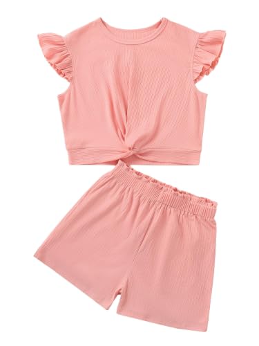Image of Girls 2 Piece Outfits Summer Ruffle Sleeve Top and High Waisted Striped Shorts Set for Girls 7-14
