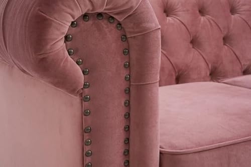 Image of Modern and Stylish 3 Seater Chesterfield Luxury Sofa with Valvet and Fabric Comfortable Sofa for Living Room, Dining Room, Hallway, and Office-(Rose Pink).