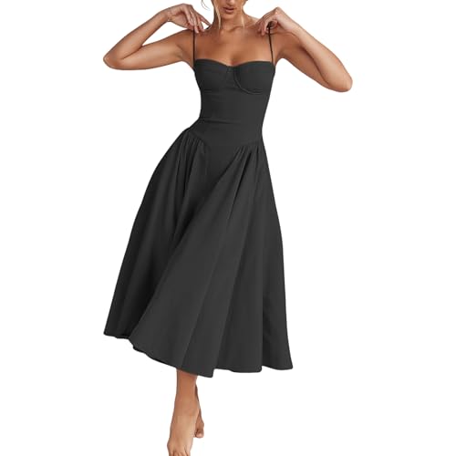 Womens Corset Dress Elegant Spaghetti Strap Midi Dress Flowy Pleated Hem Low Cut Prom Dresses Floral Bustier Dress