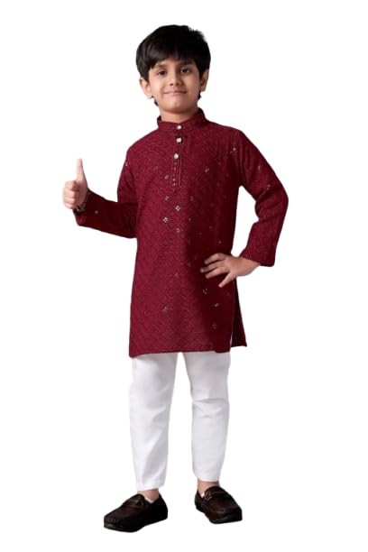 Image of Valaki Kurta Pajama Set for Boys Cotton Blend Mirror Work Embroidery Kurta Pyjama for Boys