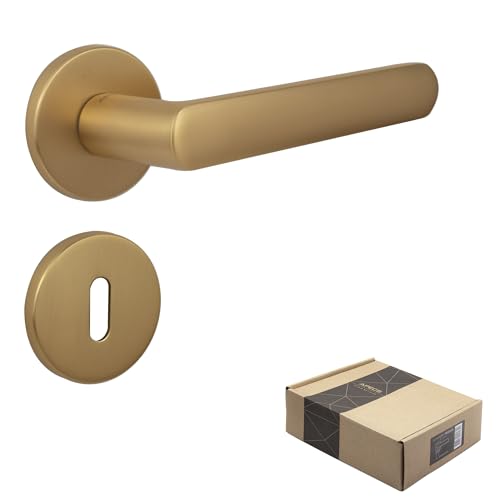 APECS Poignées de Porte pour Portes Intérieures Poignée de Porte Dorée Mate Moderne pour Porte d’Entrée et Porte Intérieure avec Ensemble de Poignées à Rosaces Rondes avec Matériel de Montage