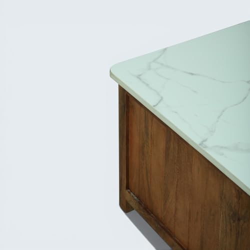 Image of Solid Wood Madrid Centre Table with Premium Sintered Stone Top for Living Room | Wooden Coffee Table | Dark Teak Finish | 110 x 60 x 40 cm
