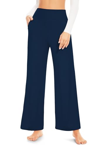 ACTINPUT Yogahose Damen High Waist - Straight Hosen Damen mit Taschen, Weites Bein Schlaghose Stretch Bequeme Hose Damen Jeggings Baggy Damenhosen Hochwertig Gym Outfit(Marineblau,L)