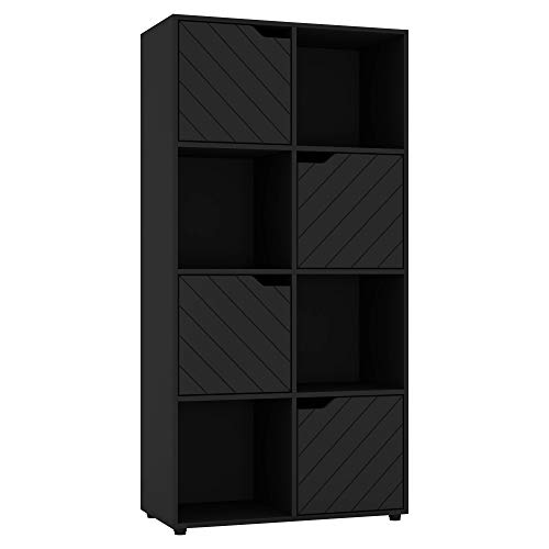 URBNLIVING Bibliothèque cubique en bois noir avec portes lignées, étagère de rangement moderne (porte noire, 2 x 4 cubes (8 cubes)